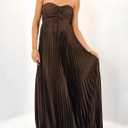 Women Bridesmaid Dress with Scarf Strapless Pleated Flowy Formal Evening Gown Maxi Dresses (Brown, L)