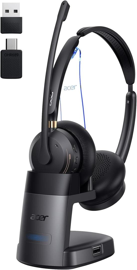 Wireless Headset with Mic for Work, AI ENC Noise Cancelling for Clear Call Meeting, Work Headset with Charge Stand for Remote & Office, Bluetooth 5.3 & 2.4G Dongle Headset for PC, Phone, Teams, Zoom