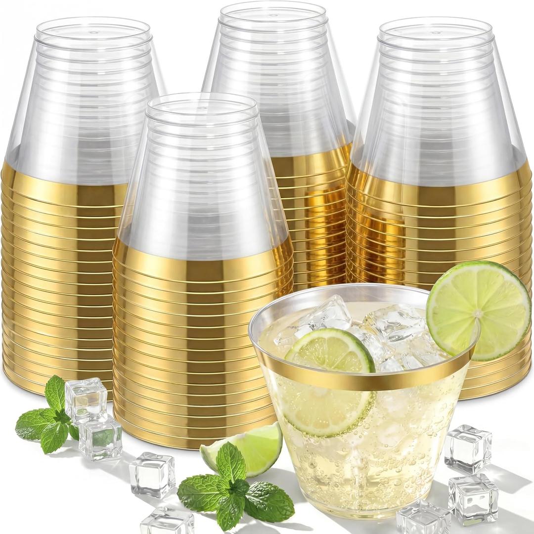 Nervure 240PCS Gold Plastic Cups - 9Oz Gold Rimmed Plastic Cups Disposable