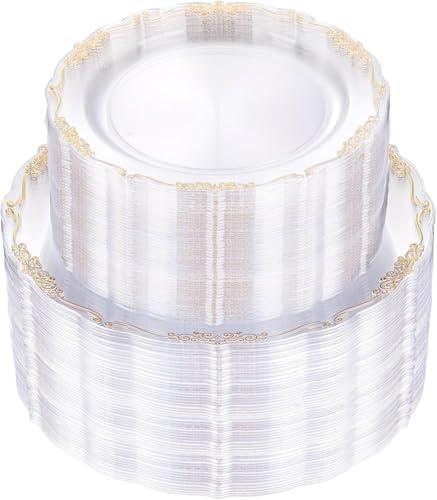 U-QE 100PCS Clear Gold Plastic Plates - Disposable Heavy Duty Clear Plates with Gold Rim Including 50PCS 10'' & 50PCS 7.5'' Perfect for Party, Weddings