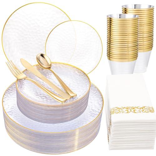 Rubtlamp 175 Pcs Plastic Dinnerware Set (25 Guests), Clear And Gold Plastic Plates, Hammered Party Plates Include Dinner Platos, Dessert Platos, Cups, Gold Cutlery Set And Napkins for Party