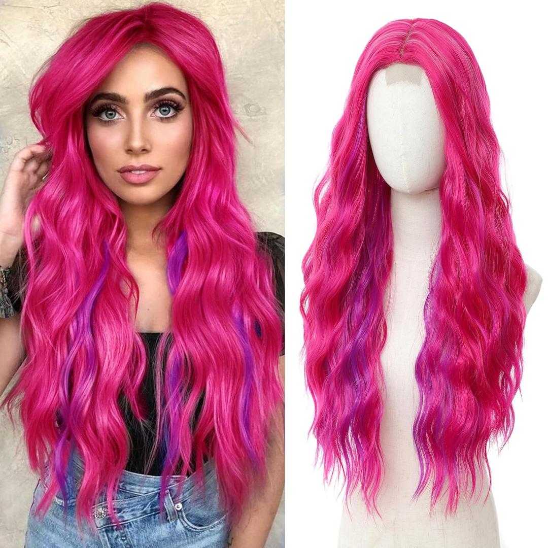 Cosplay Long Hot Pink mix Purple Wig 28 Inch Middle Part Synthetic Wig Realistic Gifts Party Wigs for Women Daily Use Colorful Wigs (Hot Pink mix Purple)