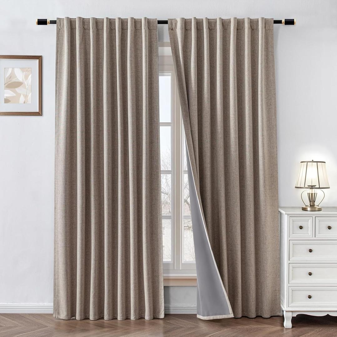 100% Blackout Curtains 84 Inch Length 2 Panels Faux Linen Long Drapes for Bedroom Nursery Living Room Black Out Room Darkening Curtain Thermal Insulated Back Tab Rod Pocket(W52 x L84, Beige)
