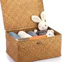 Hipiwe Wicker Shelf Baskets Bin with Lid, Handwoven Seagrass Basket Storage Bins Rectangular Household Basket Boxes for Shelf Wardrobe Home Organizer, Caramel X-Large