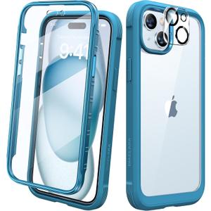 Diaclara Designed for iPhone 15 Plus Case 6.7 Inch,Full Body Rugged Clear Bumper Case w/Built-in Touch Sensitive Anti-Scratch Screen Protector+9H Tempered Glass Camera Lens Protector,Sea Blue