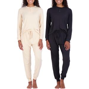 Real Essentials 2 Pack: Women's Soft Long Sleeve Sleep Set - Comfortable Lounge Pull Over Hoodie and Henley Jogger (Medium)