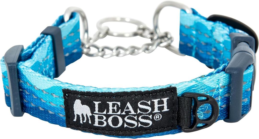 Leash Boss Martingale Collar for Dogs - Steel Chain | Reflective Nylon Dog Collar for Large Dogs, Medium and Small Dogs | No Pull Pet Training Collar Small (Medium-Large (16-19" Neck x 1" Wide), Blue - Wave)