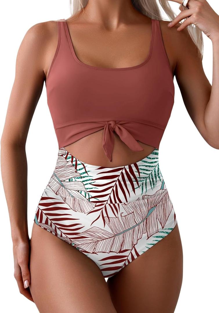 Eomenie Women's One Piece Swimsuit Tummy Control Slimming Bathing Suit Cutout Tie Knot Swimwear (X-Large, Brick Red Print 02)