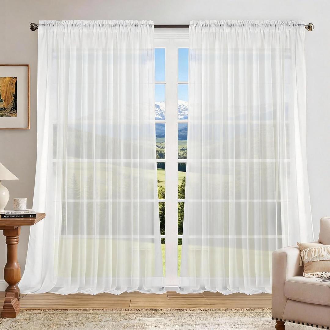 Dreaming Casa Solid Sheer Curtains Draperies White Rod Pocket 2 Panels 100" W x 84" L