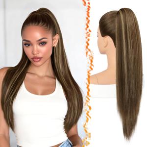 BARSDAR Straight Drawstring Ponytail Extension - 28 Inch Long Straight Ponytail Extension Natural Looking Layered Soft Synthetic Cheer Posh Pony Tails Hairpieces Daily Party, Brown with Blonde