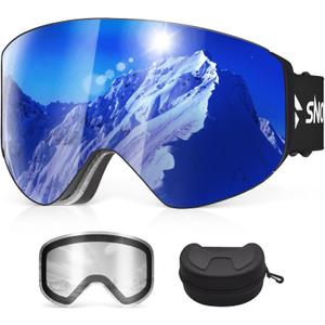 Snowalva Ski Goggles, Snowboard Goggles with 2 UV400 Anti-Fog Detachable Magnet Lenses for Men & Women Adult (Ver.2 Blue(vlt 16.3%) + Clear (Vlt 83.5%))