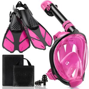 Mask Fins Snorkeling Gear for Adults, Full Face Snorkel Mask & Adjustable Swim Fins Snorkel Set, Panoramic View Snorkel Mask Dry Top Anti-Fog Anti-Leak (Pink)