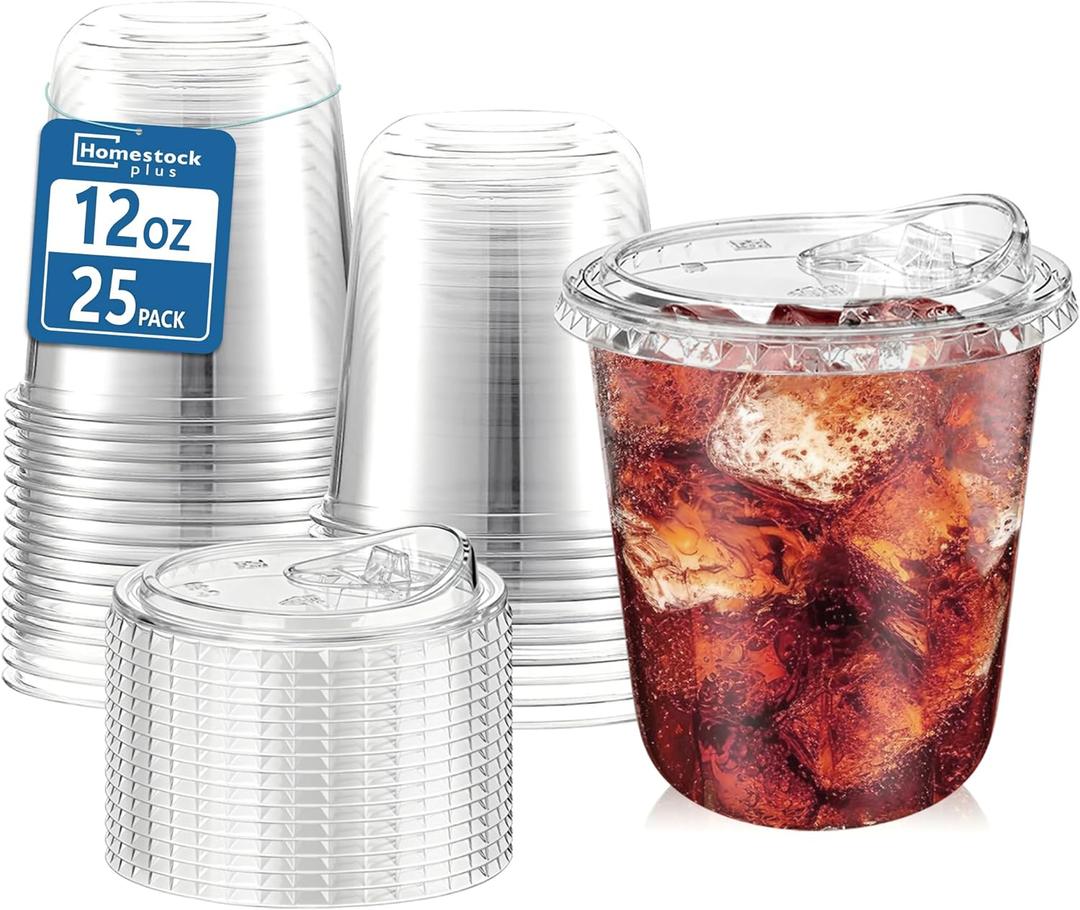25 Pack 12 oz BPA-Free Clear Plastic Coffee Cups with Strawless Sip Lids - Leak-Proof Disposable To-Go Cups for Iced Coffee, Kids, Smoothies & Juice, Ideal for Daily Use & Small Gatherings