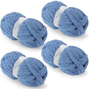 Chunky Chenille Yarn for Crocheting and Hand Knitting Blanket - Bulky Fluffy Jumbo Thick Yarn - Pack of 4 (4 Skeins, Each 28 Yds, 8oz) Dutch Blue