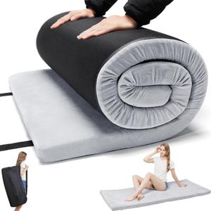 Foam Camping Mattress, Portable Sleeping Pad for Cot | 30D high-density foam, washable plush cover, non-slip bottom and roll-up travel bag for camping, tent, car, floor and guests.