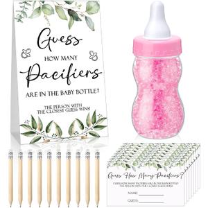 Roowest 512 Pcs Baby Shower Games Guess How Many Pacifiers Sign 100 Small Guessing Games 10 HB Pencils 750ml Milk Bottle 400 Acrylic Pacifiers Decoration for Guest Gender Reveal(Pink,Plant)
