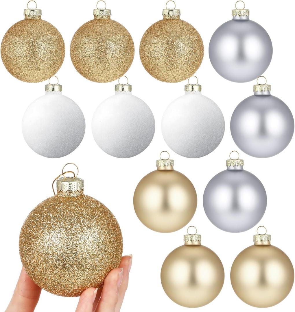 Syhood 12 Pcs Glass Christmas Ball Ornaments 2.64 Inch Small Glitter Christmas Tree Balls Ornaments Decoration Present for Xmas Tree Decorations Set (Champagne Set,Glitter+Matte)