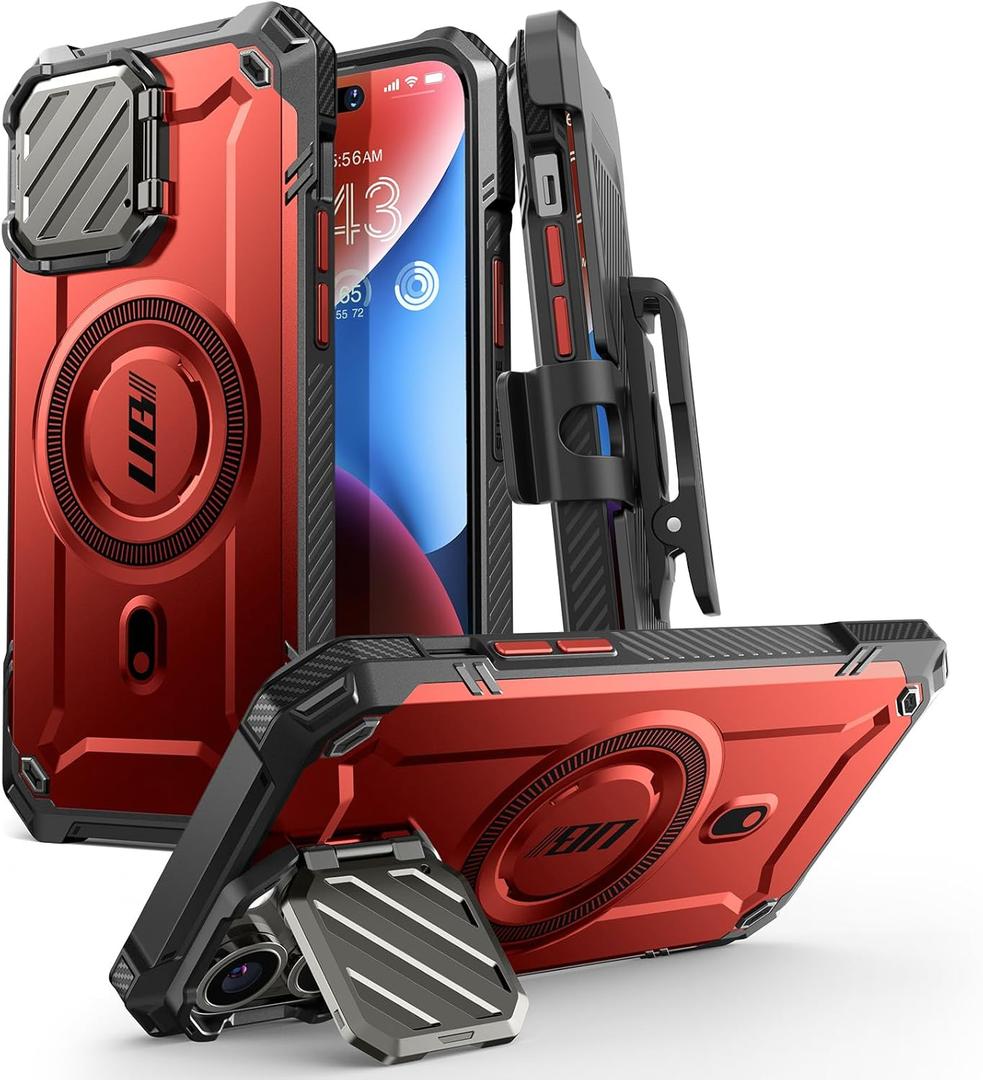 SUPCASE for iPhone 14 Pro Max Case/iPhone 13 Pro Max Case with Camera Cover Stand, [Compatible with MagSafe] [Built-in Belt-Clip] Heavy Duty Magnetic Phone Case for iPhone 14/13 Pro Max, Ruddy
