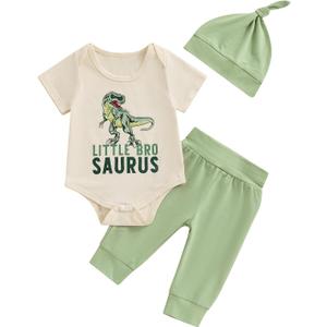 Hoanselay Toddler Infant Baby Boy Dinosaur Short Sleeve T Shirt Romper Pants and Hat Outfits 3pcs Summer Clothes Set (18-24 Months, Green)