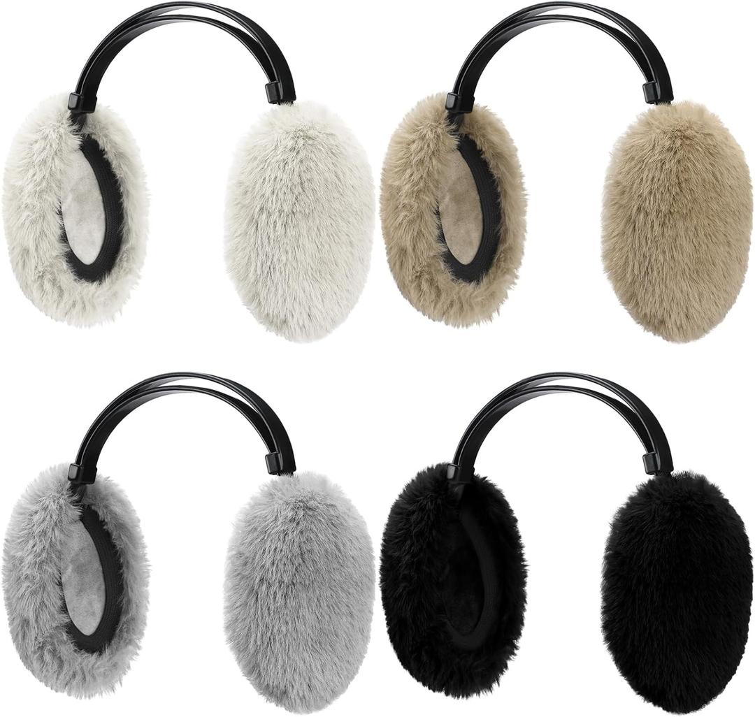 Ramede 4 Pcs Unisex Winter Ear Muffs Faux Fur Earmuffs Foldable Ear Warmers Light Weight Winter Warm Earmuffs with Plastic Headband Cover Warmers for Men Women