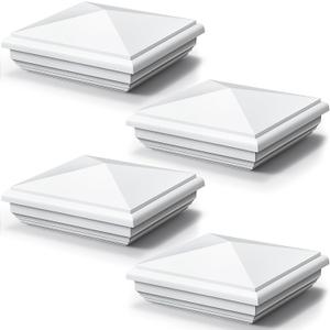 Sasylvia 4 Pcs 5 x 5 Inch Vinyl Fence Post Caps (Actual 5x5), White PVC England Style Cap Top Pyramid Square Waterproof UV Resistant Decorative Vinyl Fence Post Caps