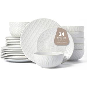 24 Piece Dinnerware Sets for 8, Premium Stoneware Plates and Bowls Sets, Microwave & Dishwasher Safe, Elegant Dishes for Entertaining & Special Occasions A Stunning Gift for Large Families