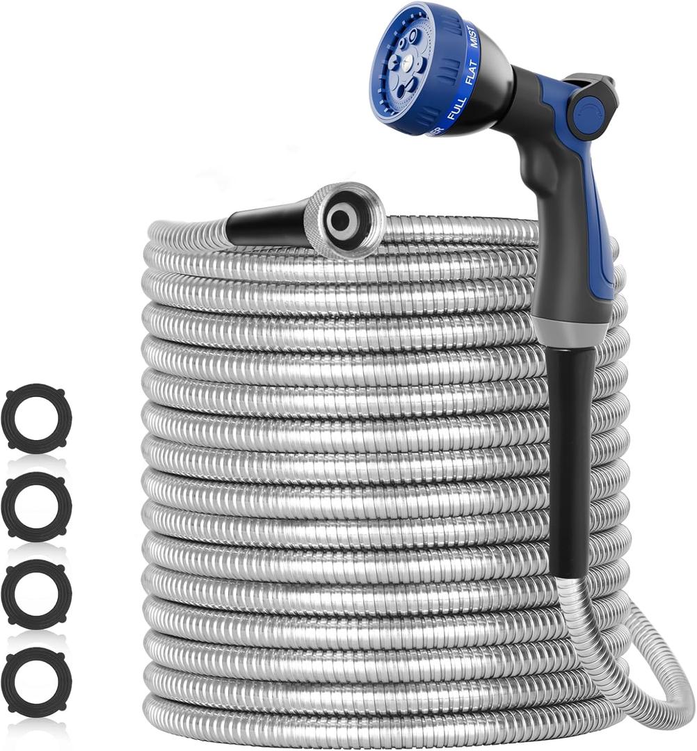 100ft 304 Stainless Steel Garden Hose Metal, Heavy Duty Water Pipe with Nozzles for Yard, Outdoor - Flexible, Never Kink & Tangle, Puncture Resistant (Sliver)