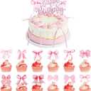Pink Bowknot Cake Toppers and Picks, 19 PCS Bow Cupcake Toppers Pink Bow Birthday Decorations, Bows Decorations for Baby Shower Birthday Wedding Bachelorette Party Supplies
