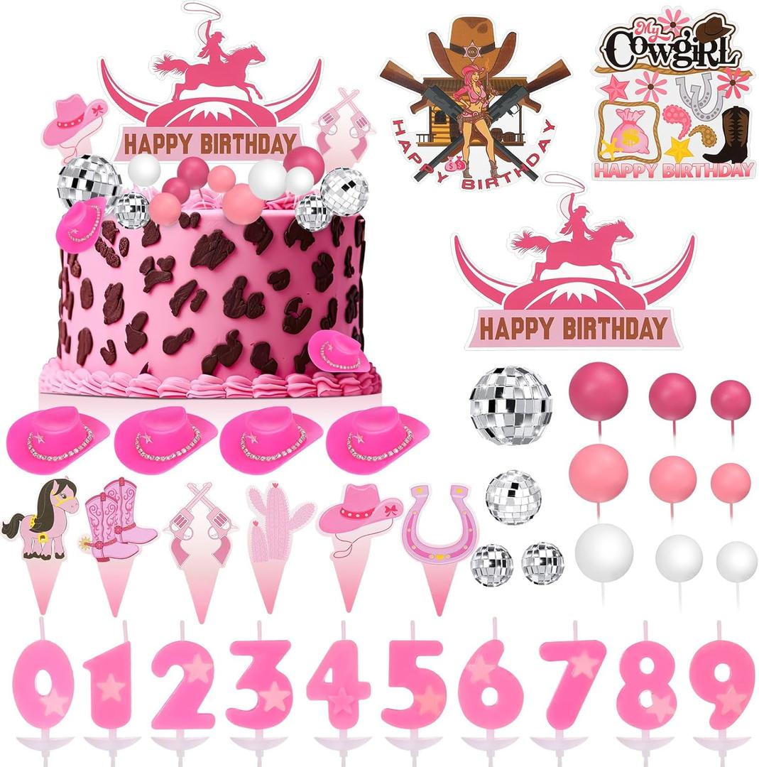 Tallew 42 PCS Cowboy Cake Decorations Cowgirl Cake Topper for Cow Western Theme Party Birthday Baby Shower Favors Supplies(Cowgirl Style)