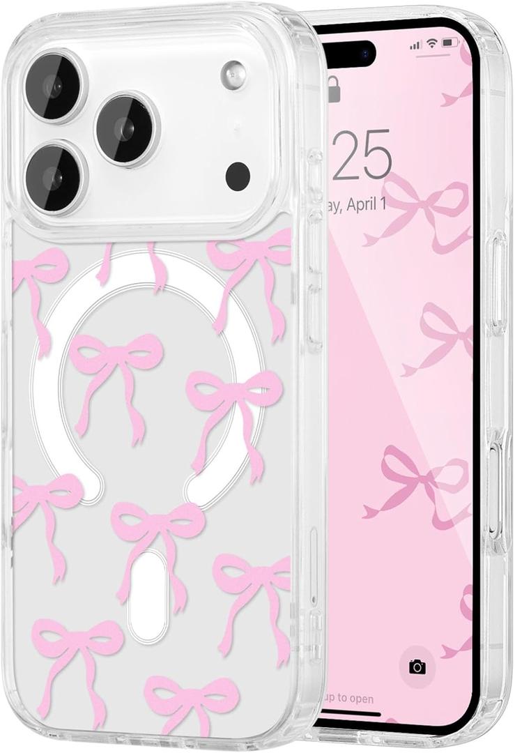 UEEBAI Magnetic for iPhone 17 Pro Max Case, Bow Case Compatible with MagSafe, Wireless Slim Clear Ribbon Aesthetic Phone Cover Anti-Yellowing Shockproof Protective Cover for Women Girl - Pink