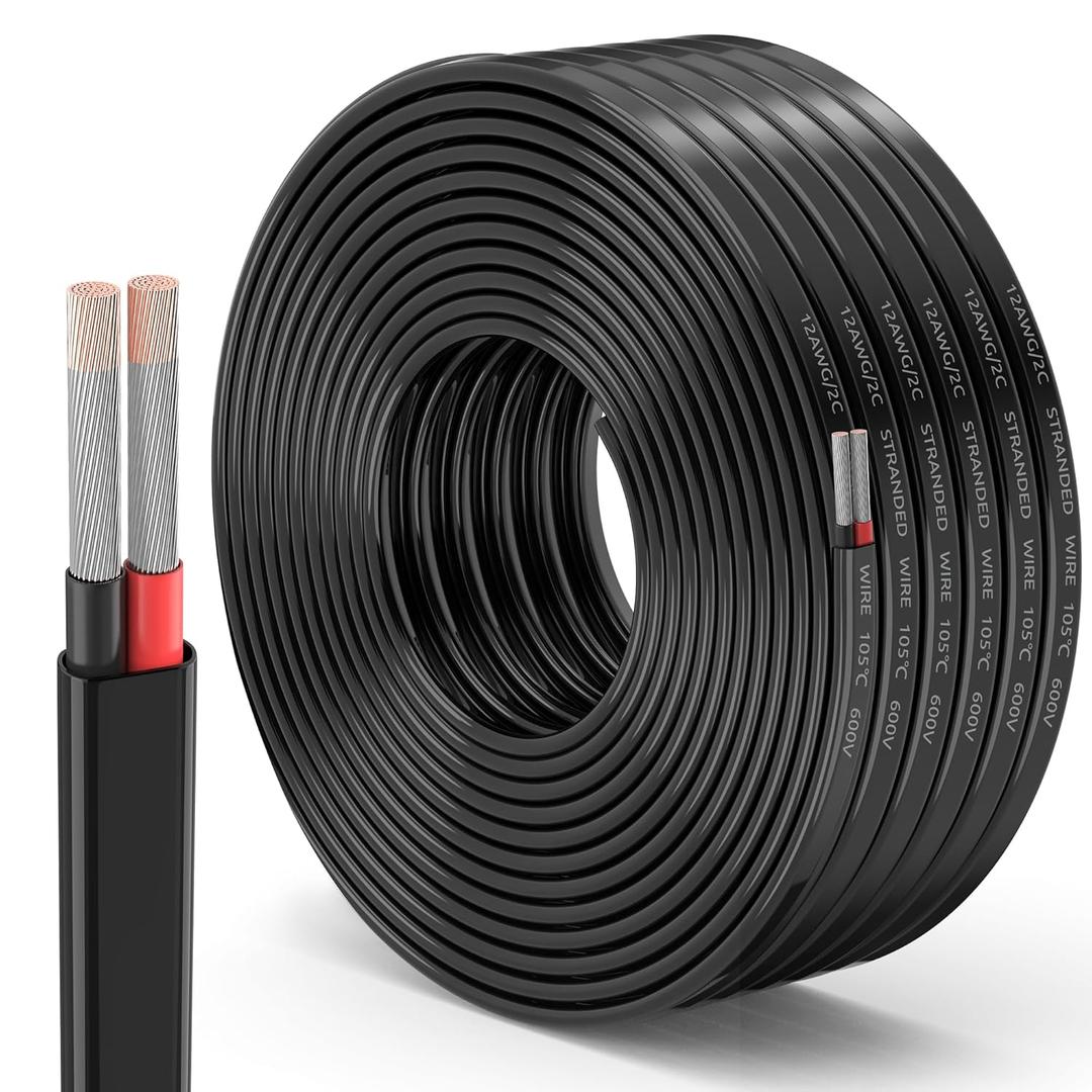 12 Gauge 2-Conductor Tinned Copper Electrical Wire, Outdoor Direct Burial, 12V Low Voltage/Oxygen-Free Tinned Copper/Flexible Cable for Automotive Wiring, Lamp Cord, Marine Cable, Solar, Lighting (50FT)