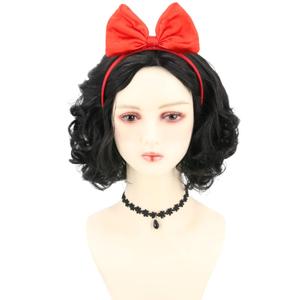 Women Wig Short Curly Bob Wigs Black Princess Wig with Bow Headband for Halloween Costume Party Cosplay Wig