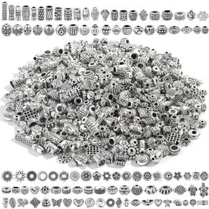 500 Pcs Bracelet Spacer Beads, Silver Bulk Random Styles Loose Spacer Metal Charm for Necklace, Earring Making DIY Jewelry Accessories