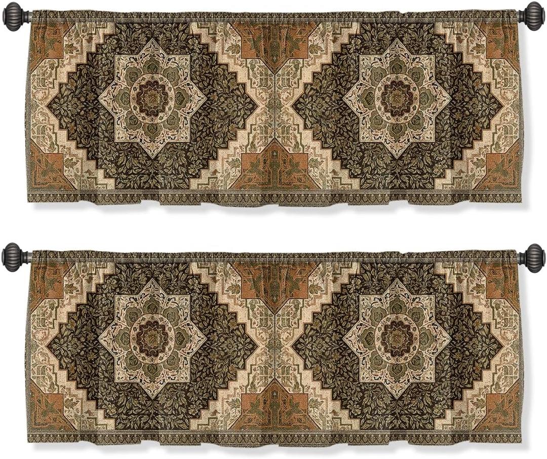 Boho Carpet Curtain Valance for Windows 2 Pack, Brown Mandala Floral Rod Pocket Window Treatments Short Curtains for Kitchen Windows Bathroom Bedroom 54x18 Inch