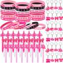 72/144 Pcs Football Breast Cancer Awareness Bracelets Gift Set Includes Pens Silicone Bracelets and Keychains for Football Accessories Pink Ribbon for Women Men Team Events Fundraisers Gifts