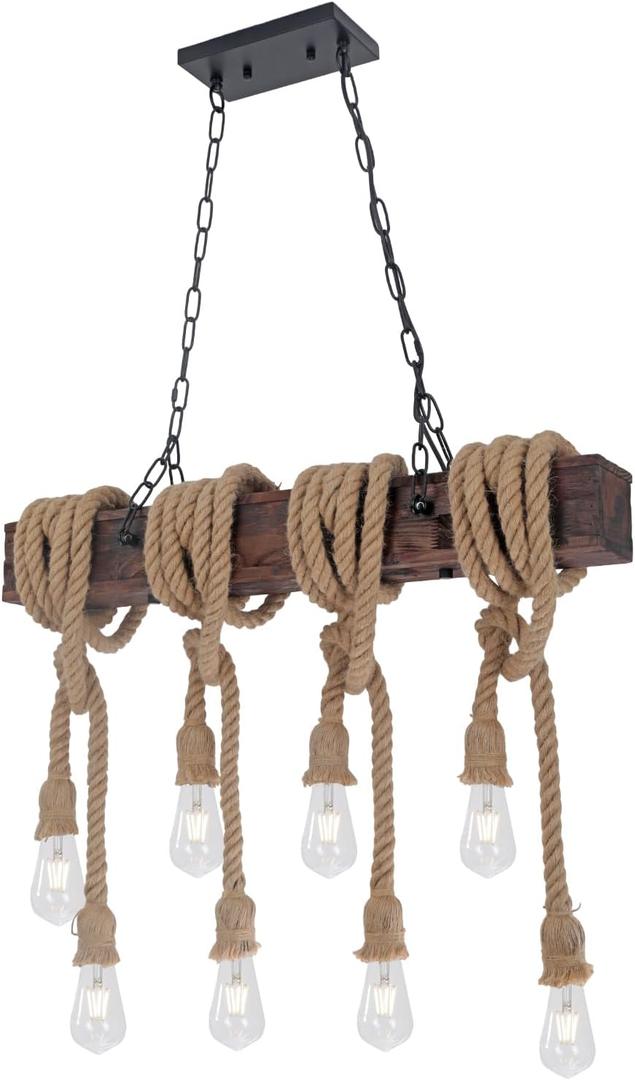 KEESFU Farmhouse Light Fixtures Rustic Chandelier，8-Light Kitchen Island Light Height Adjustable，Hemp Rope Pendant Light for Kitchen Dining Room Bar.