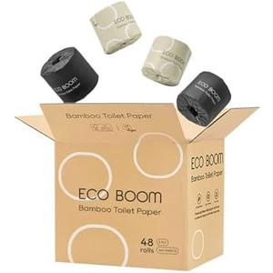 ECO BOOM Unbleached Bamboo Toilet Paper, 48 Mega Rolls, 100% Tree-Free 3-Ply, Plastic-Free Packaging, 360 Sheets | PFAS Free, BPA Free, Septic Safe & FSC Certified