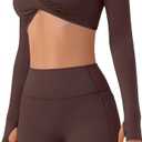 SUUKSESS Women 2 Piece Workout Sets Long Sleeve Twist Deep V Crop Padded Tops Yoga Leggings with Side Pockets (Medium, Dark Brown)