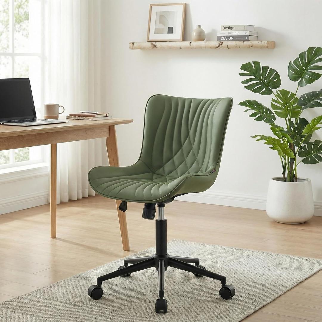 YOUNIKE Office Chair, Armless Desk Chair Computer Chair with Wheels, Modern Upholstered PU Leather Task Chair, Rolling Adjustable Swivel Home Office Desk Chair, Dark Green, 22.04 inches x 22.04 inches x 36.61 inches