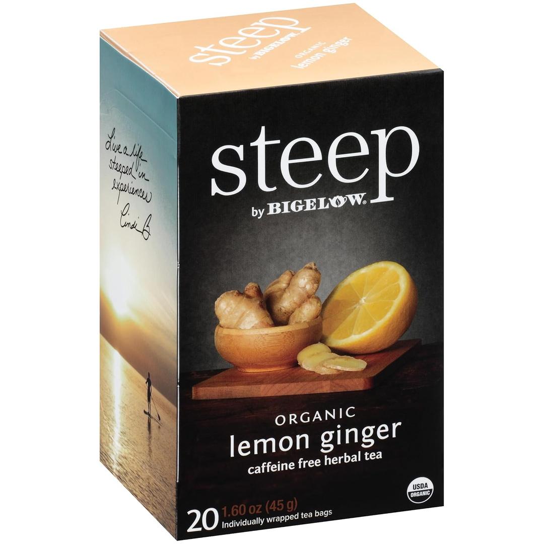 steep by Bigelow Organic Lemon Ginger Herbal Tea, Caffeine Free, 20 Count (Pack of 6), 120 Total Tea Bags (EXP 01/01/29)