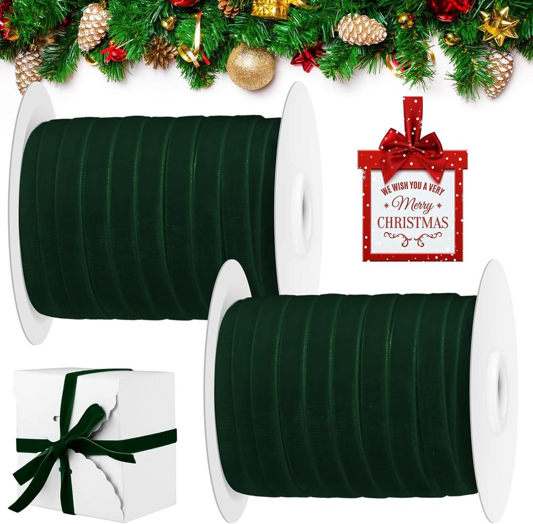 Cindeer 100 Yards Christmas Velvet Ribbon Christmas Ornaments Satin Vintage Trim Velvet Ribbon Roll for Gift Wrapping Hair Bow Clip DIY Crafts Party Wedding Decor(5/8 Inch, Green)