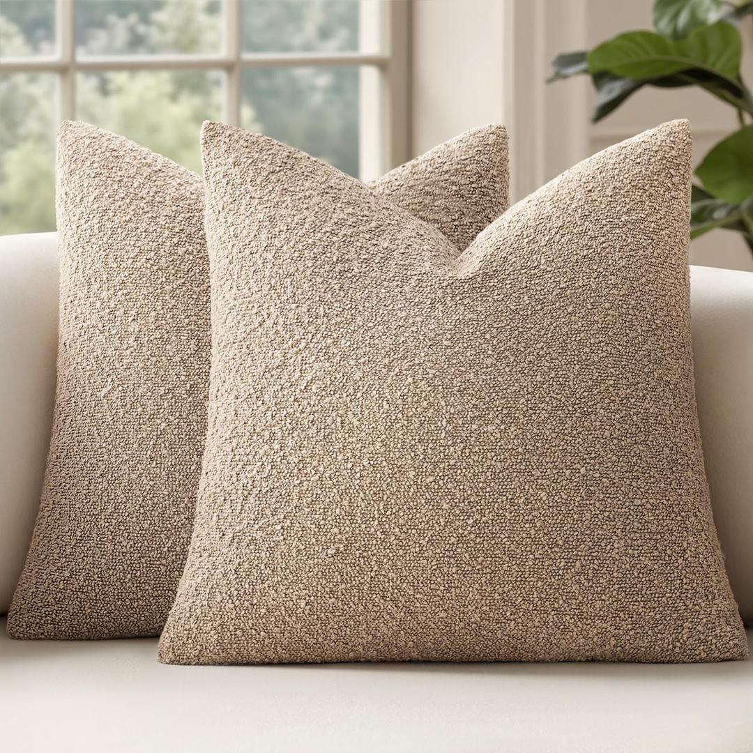 MIULEE 16x16 Inch Decorative Pillow Covers for Couch Bed Set of 2 Textured Boucle Neutral Throw Pillow Covers Taupe Khaki Camel Accent Solid Pillowcases Sofa Living Room Home Decor