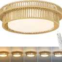 LED Rattan Ceiling Light, HWH Boho Light Fixtures Ceiling 22W, 15'' Handwoven Twine Cage Light Fixtures Close to Ceiling Light 5CCT, 5HYS78MF-LED