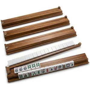 Wooden Mahjong Racks with Pushers Set of 4  Premium Mahjong Tile Racks and Mahjong Pushers Combo, Essential Mahjong Accessories for American Mah Jongg/Dominoes - 17.5 Inches (Burnt Color)