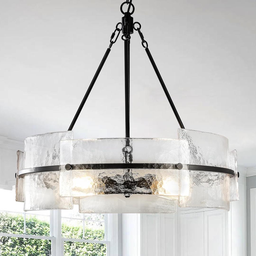 Modern Dining Room Chandelier 22 Black Textured Glass Chandelier Luxury Drum Crystal Light Fixture Farmhouse Round Hanging Lighting for Dining Room Kitchen Island Living Room Hallway Bedroom