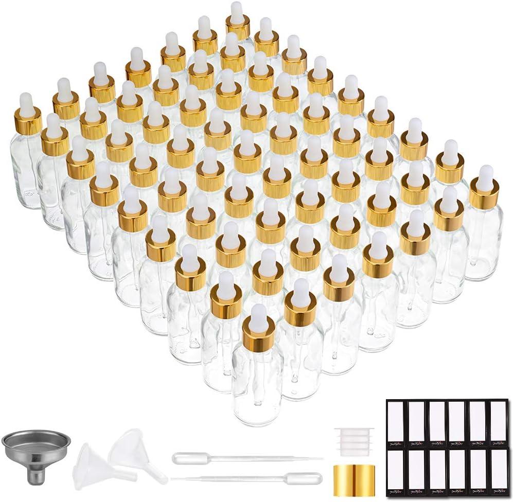PrettyCare Glass Eye Dropper Bottles 2oz (60ml), 63 Pack Clear Empty Thick Bottles Bulk with Leakproof Golden Caps - With Labels & Funnels for for Storage, Travel,Essential Oils, DIY Serums, Tincture