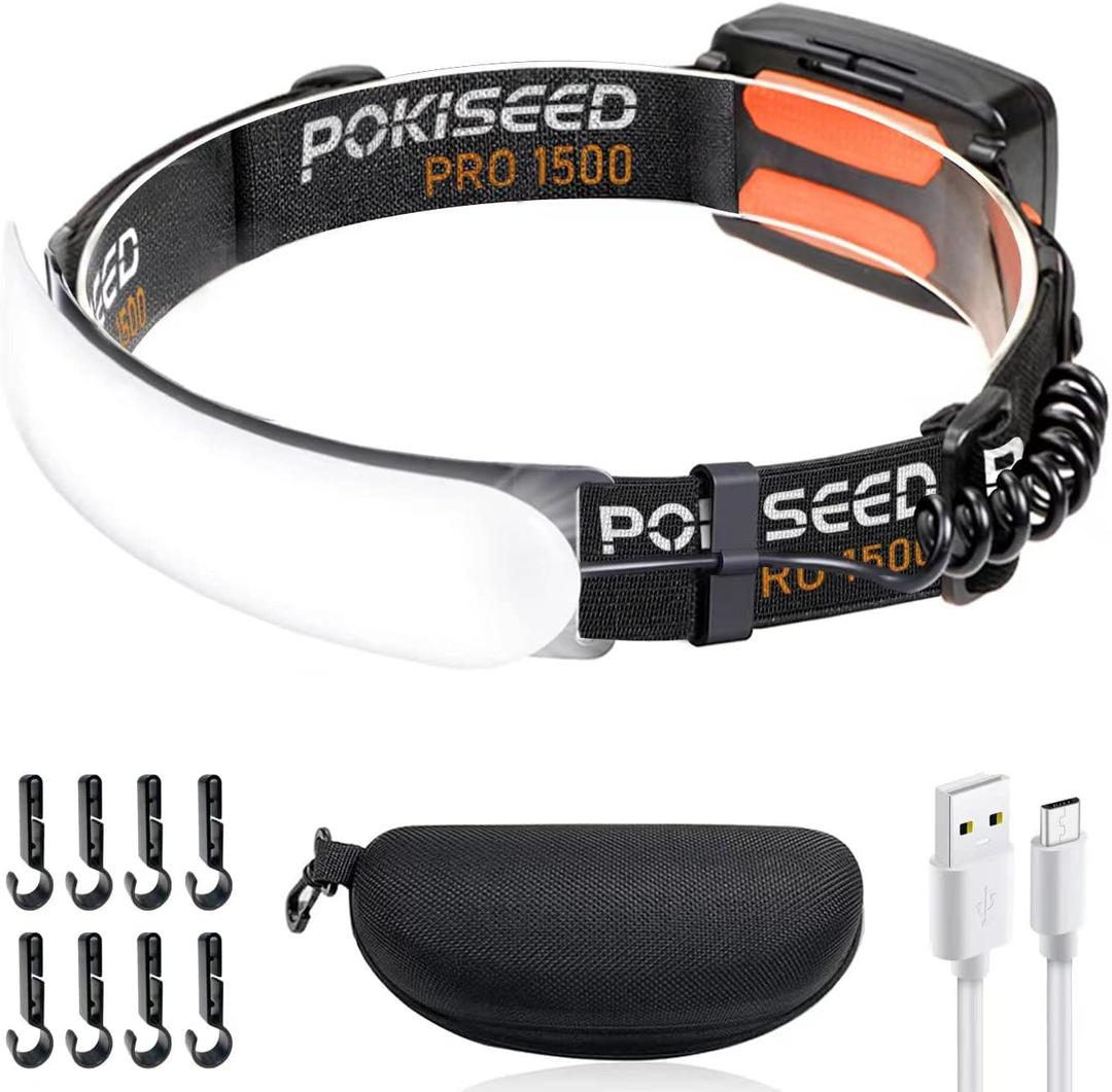 LED Headlamp Rechargeable, Super Bright 1500 Lumens 230 Wide Beam Headlamp, 3 Modes IPX6 Waterproof Lightweight Head Light with Taillight & Clips for Camping, Running,Fishing, Outdoors, Hard Hat Work