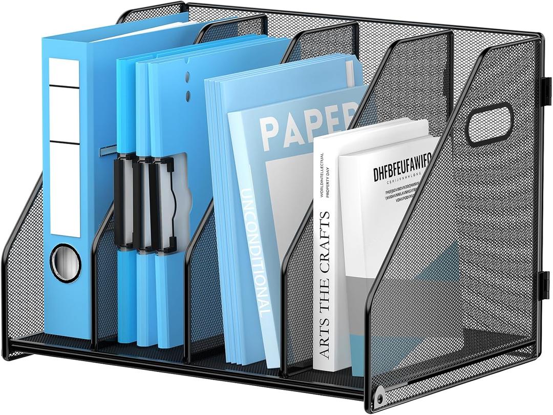 SUPEASY Binder Organizer, Magazine File Holder with 4 Vertical Compartments Rack, Metal Desk File Organizer & Binder Holders, Magazine Organizers for Office Desktop, Home, School (Black)