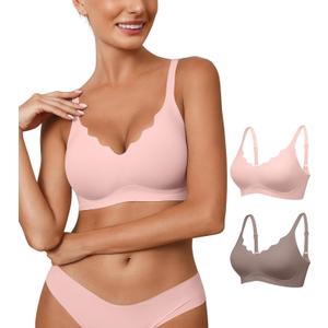 Womens Seamless Bras No Underwire Wireless Push Up Full Coverage Bra Scalloped V Neck T-Shirt Bra Comfort Bralettes(2P2, L)