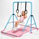 Gymnastics Bar for Kids Ages 3+, Foldable Gymnastic Kip Bar with Mat, Swing & Rings, 5 Adjustable Heights 35-51 in, Stable A-Frame Horizontal Bar, 51*43*17